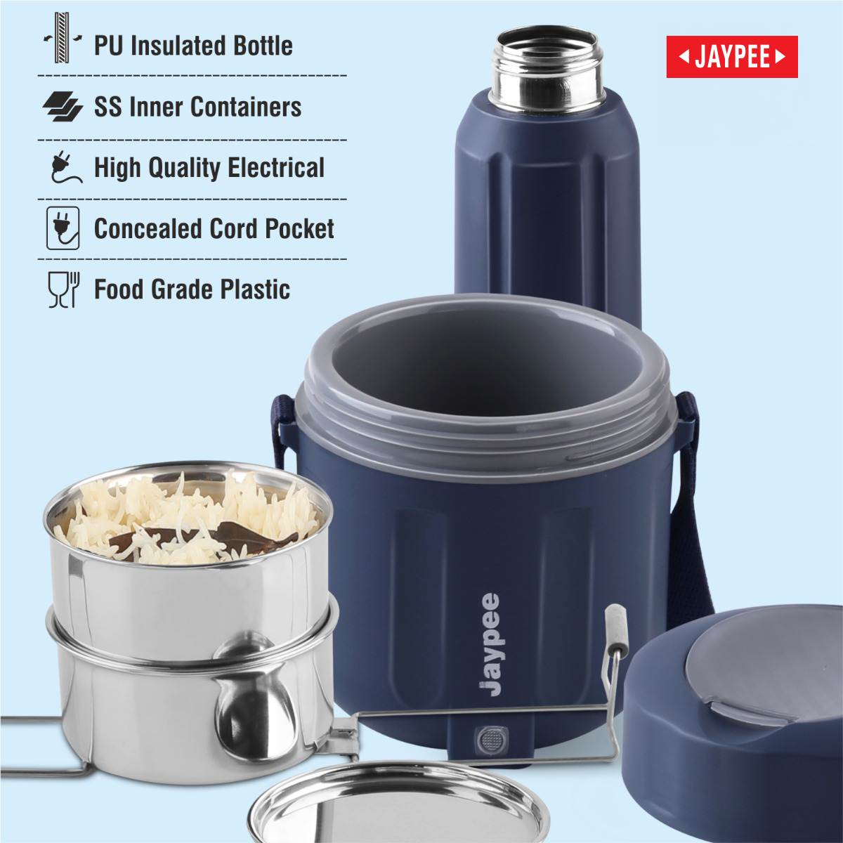 Jaypee Etosip Stainless Steel Electric Lunch Box With Pu Insulated Steel Bottle