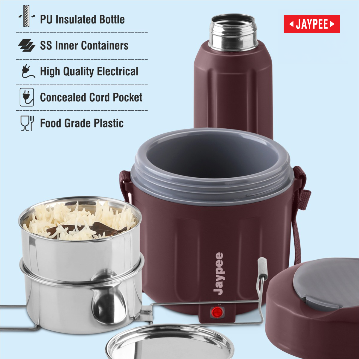 Jaypee Etosip Stainless Steel Electric Lunch Box With Pu Insulated Steel Bottle