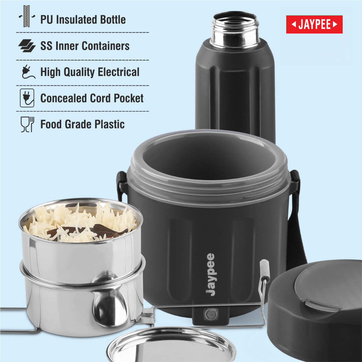 Jaypee Etosip Stainless Steel Electric Lunch Box With Pu Insulated Steel Bottle