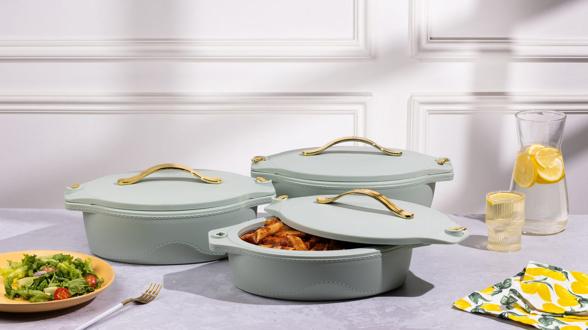 Jaypee green oval insulated casseroles on a dining table
